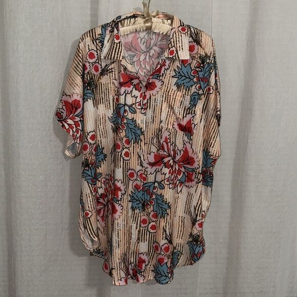 CUPSHE OS Oversized Collared Button Front Stripe Floral Swim Coverup Shirt - Picture 6 of 12